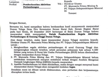 Warga Telaga Piru Ancam PT. Manusela Prima Mining  Tutup Aktivitas Pertambangan