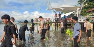 Jelang HUT Bhyangkara, Polresta Ambon -KPA Gamapala Ambon Tanam Bibit 79 Magrove