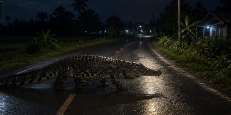 Teror Buaya Di Malam Hari, Warga Di Himbau Ekstra Waspada Saat Berkendara